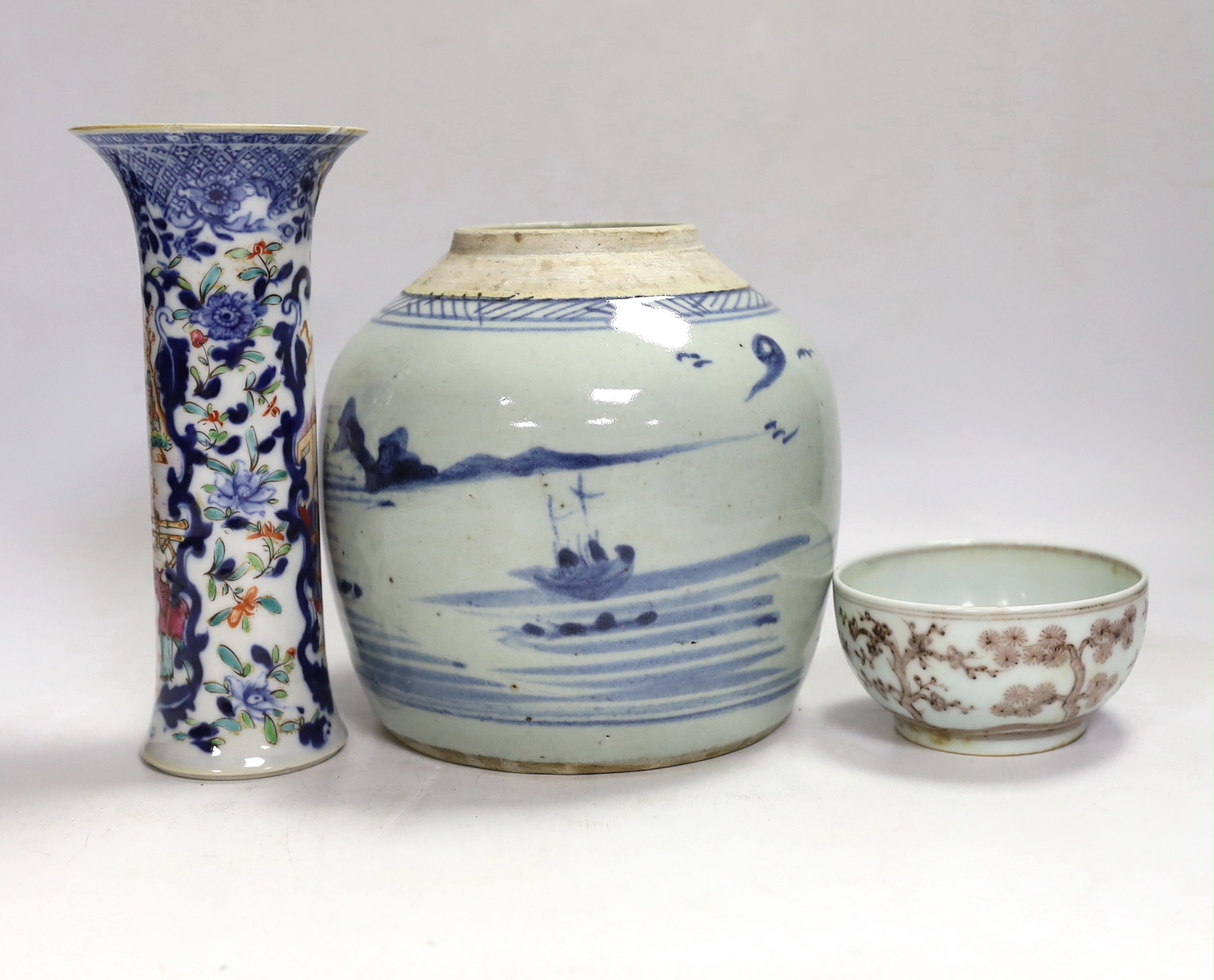 A Chinese vase, blue and white jar and a bowl, tallest 18.5cm
